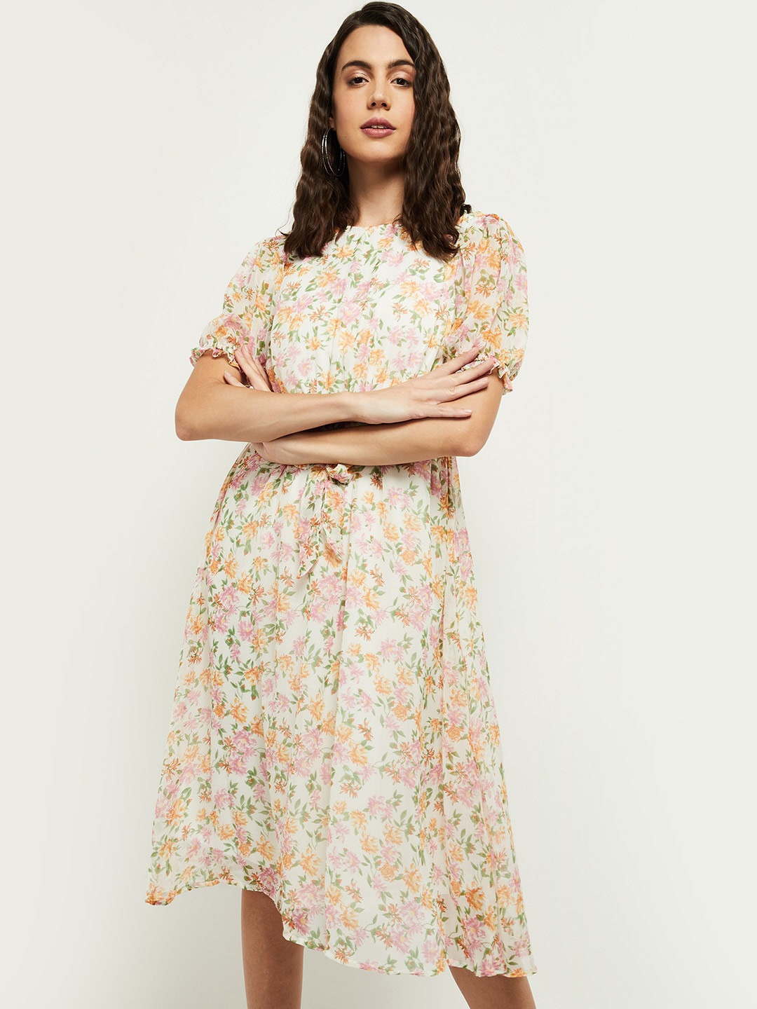 

max Off White & Green Floral A-Line Midi Dress