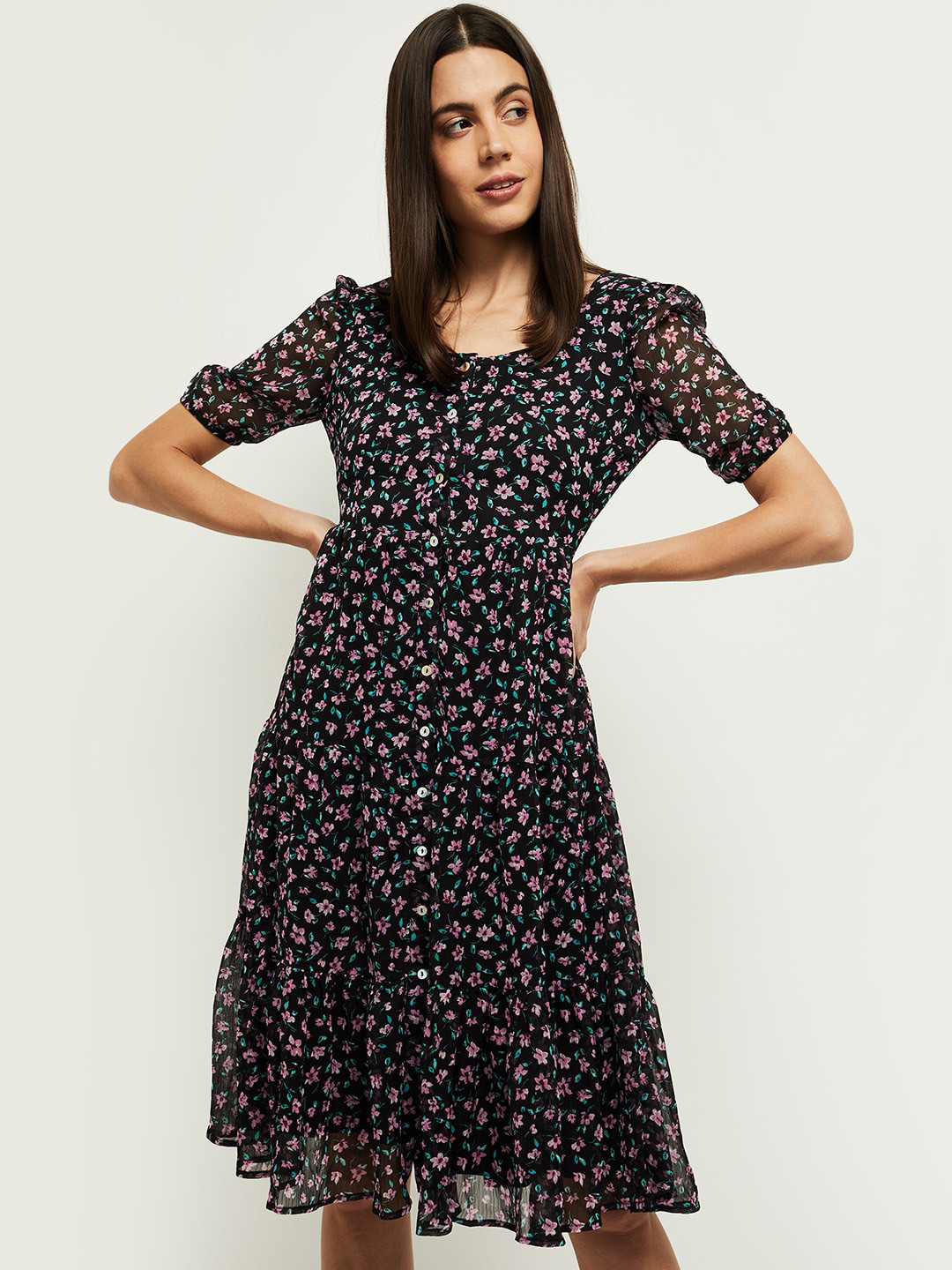 

max Black & Cream-Coloured Floral A-Line Dress