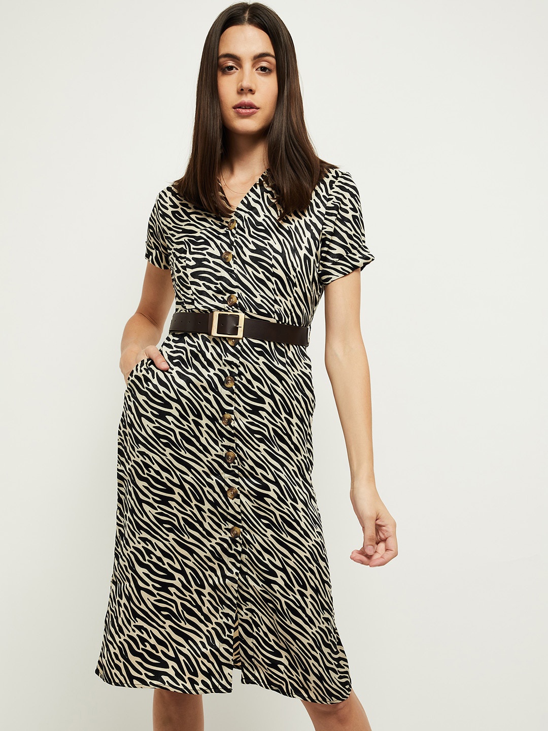 

max Cream-Coloured & Black Printed Shirt Dress