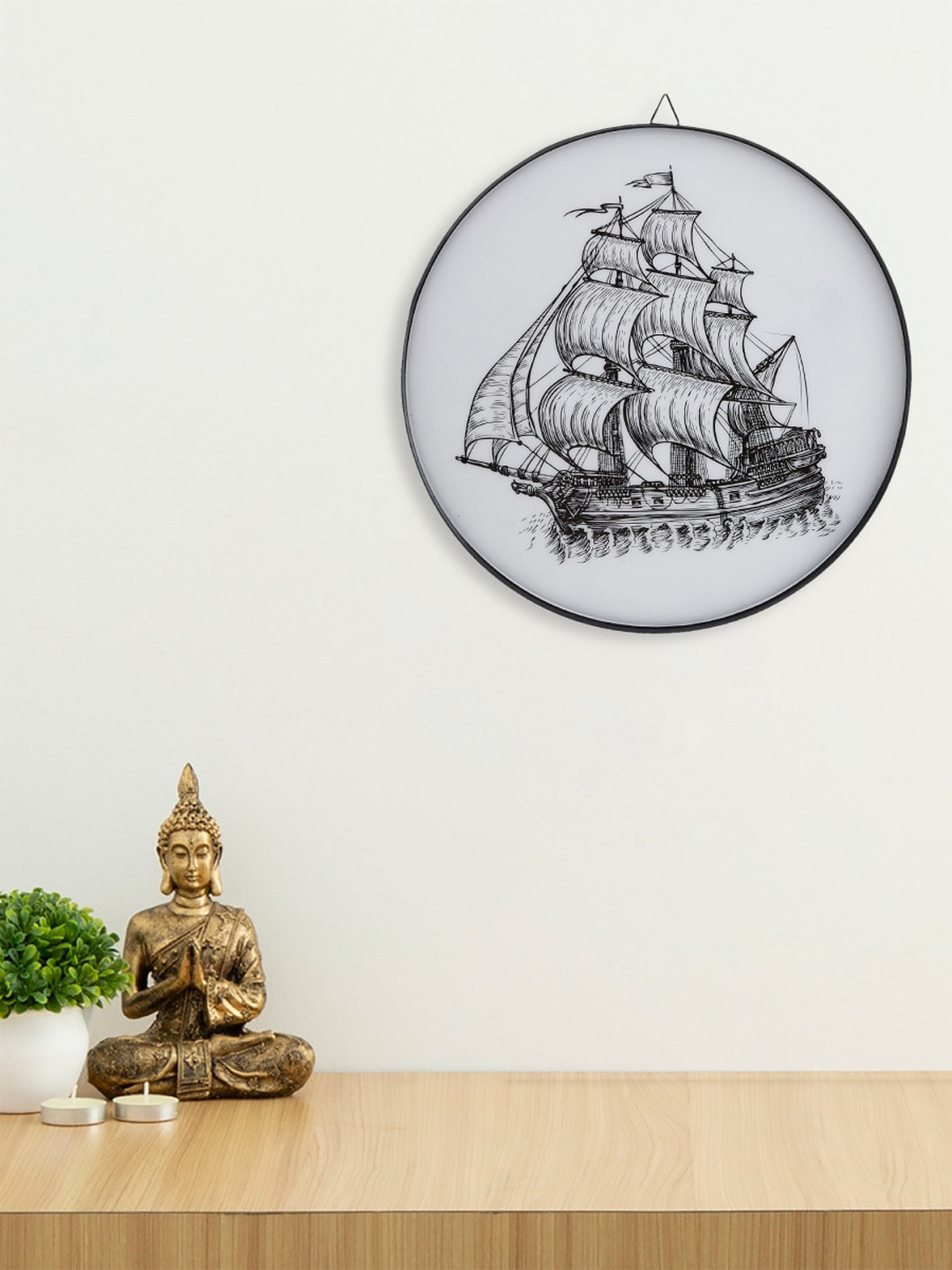 

Home Centre Off-White & Black Ship Printed Metal Wall Decor