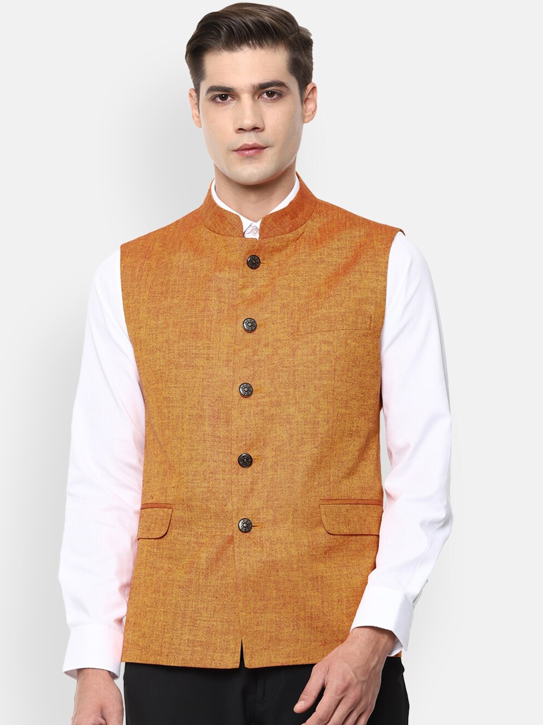 

Van Heusen Men Orange Solid Nehru Jacket