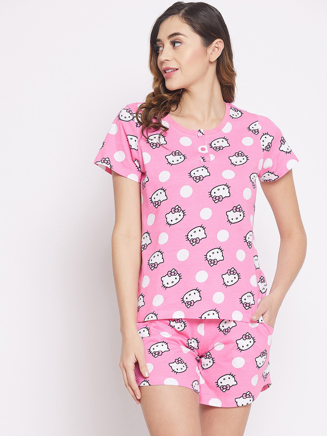 

Clovia Women Pink & White Printed Button Down Closure Night suit