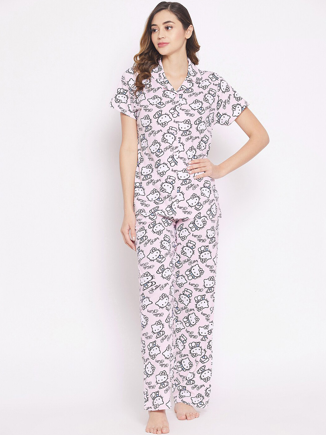 

Clovia Women Hello Kitty Printed Lapel Collar Pure Cotton Night suit, Pink