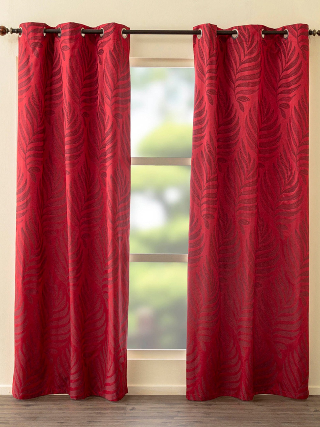 

Home Centre Red Set of 2 Floral Black Out Door Curtain