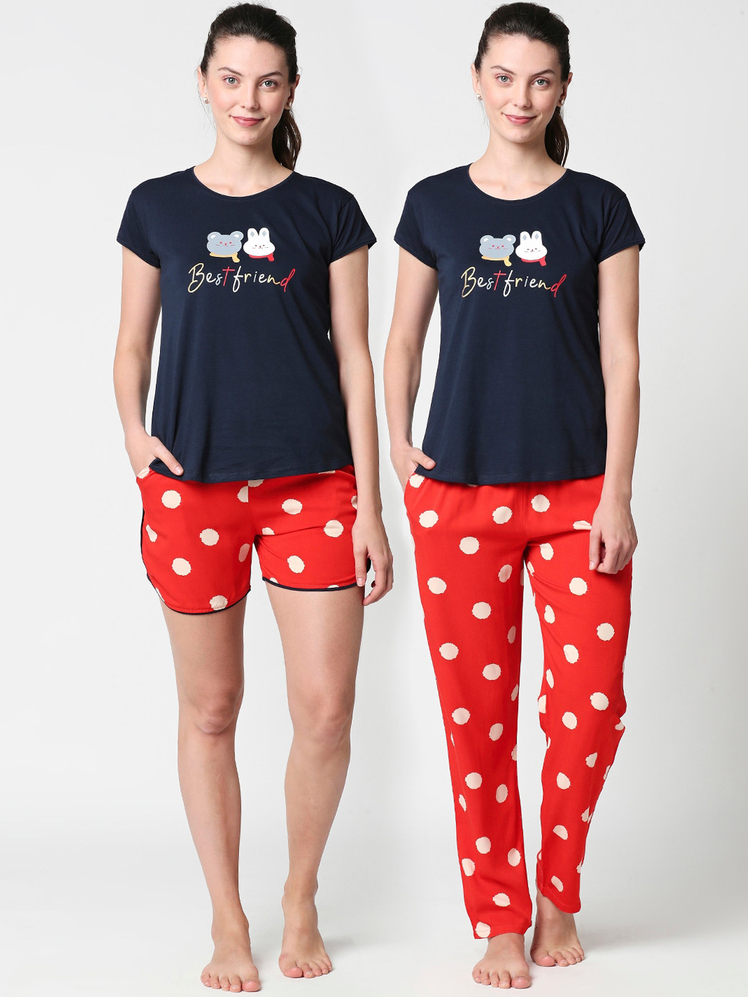 

Zeyo Women Printed Pure Cotton Top With Pajama, Short, Navy blue