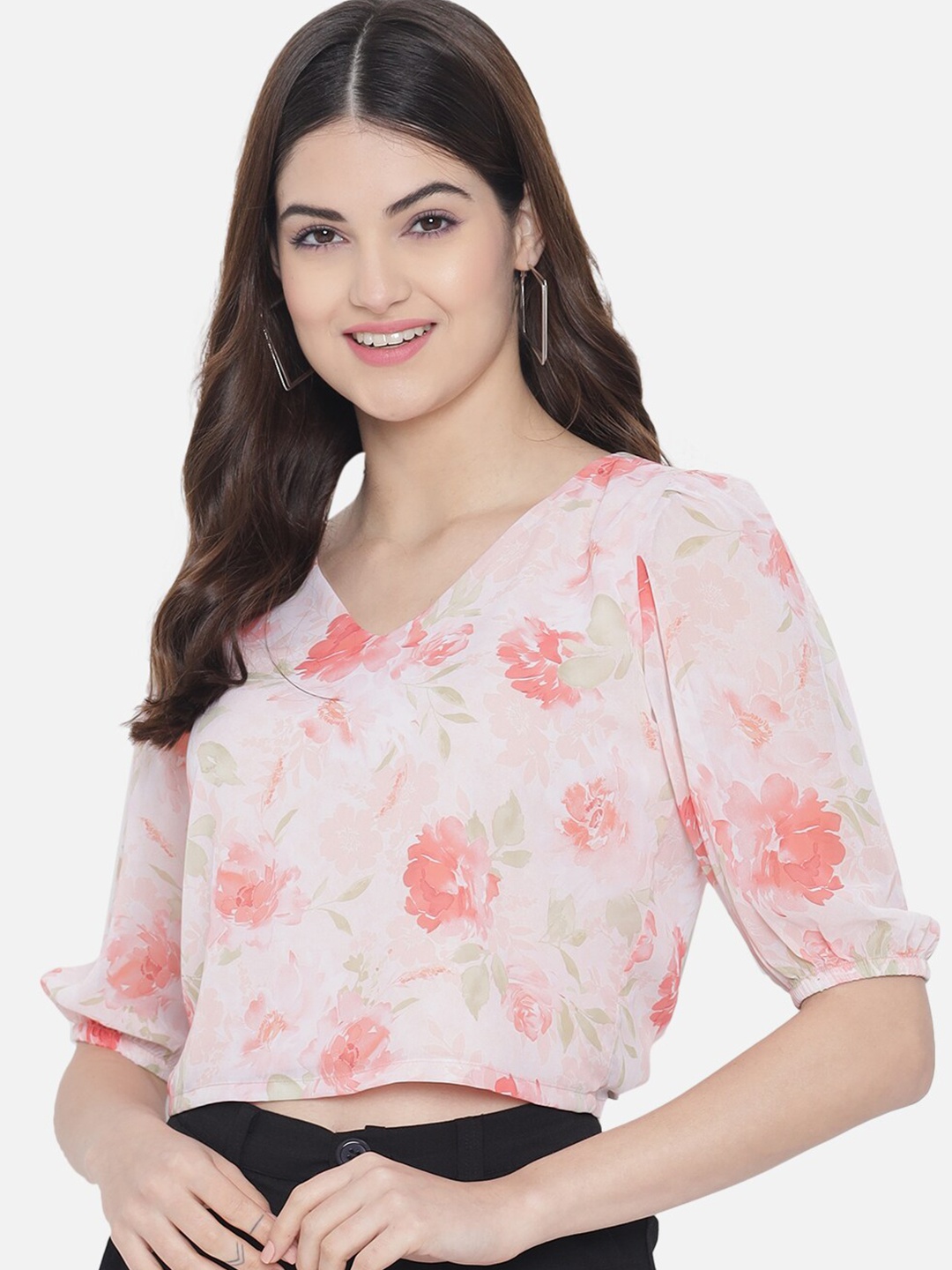 

Orchid Blues White & Peach Floral Print Georgette Blouson Crop Top