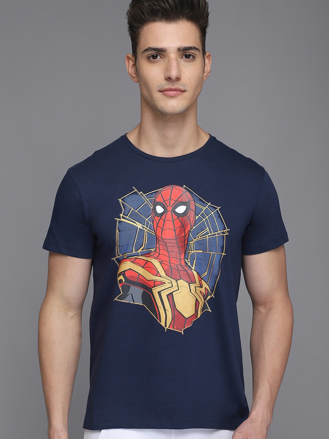 

Free Authority Men Navy Blue Spider-Man Printed Pure Cotton T-shirt