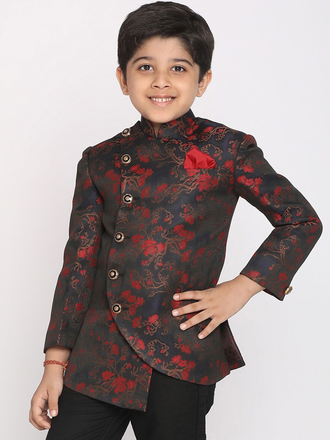 

VASTRAMAY Boys Maroon Woven Design Silk Blend Bandhgala Blazer