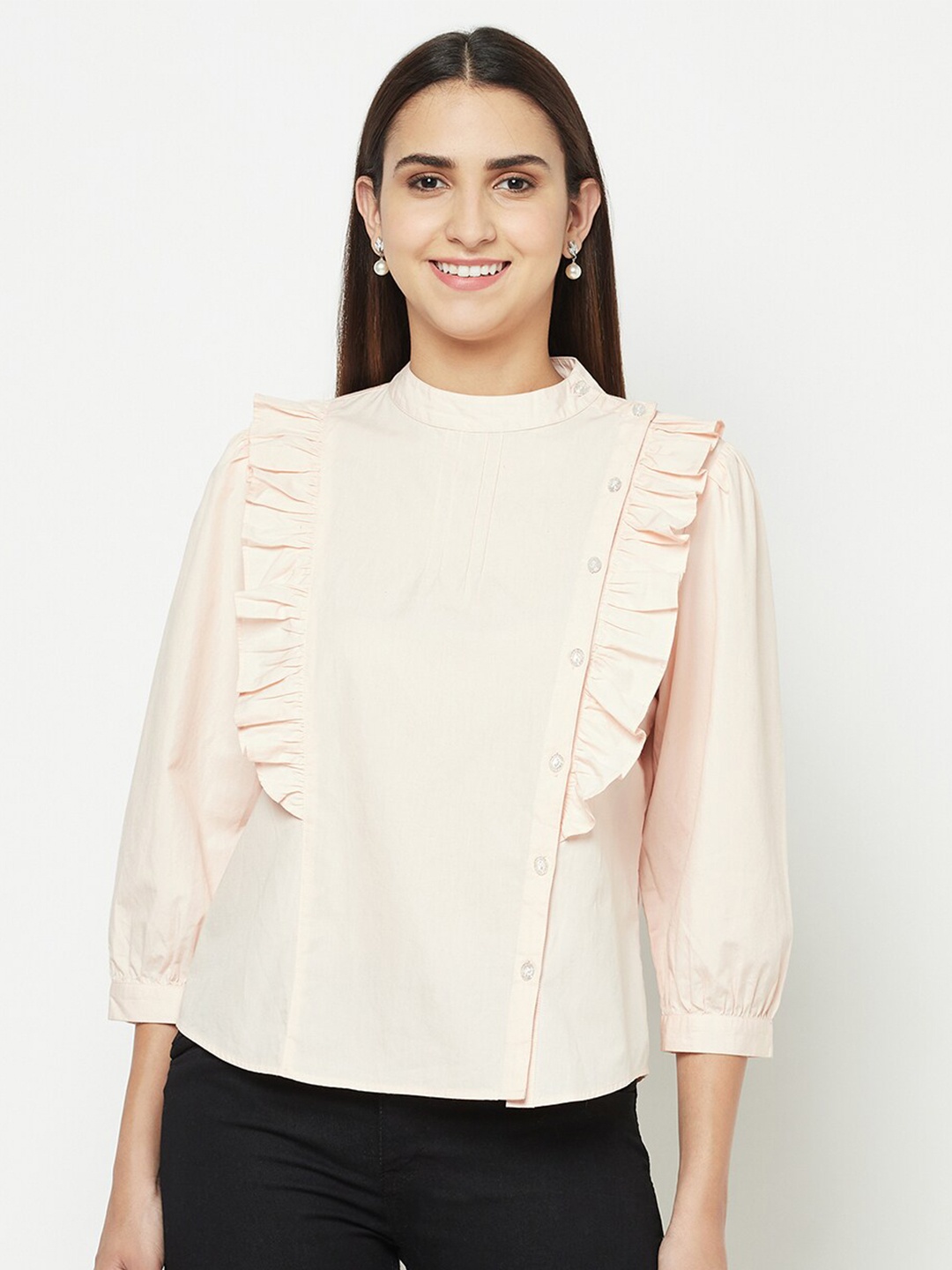 

BLANC9 Woman Pink Side Placket With Frill Top