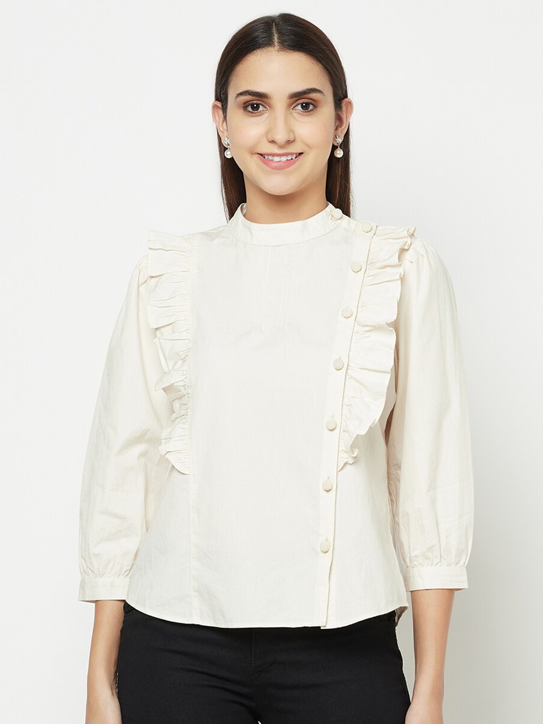 

BLANC9 Woman White Placket With Frill Top
