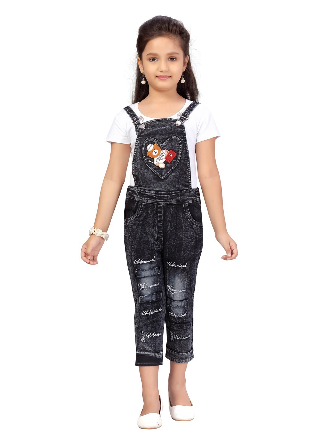 

Aarika Girls Black & White Dungaree with T-shirt