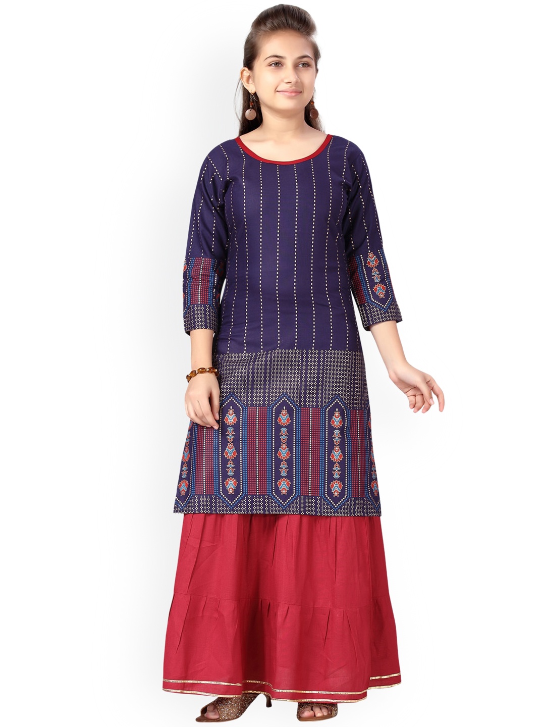 

Aarika Girls Blue & Red Printed Pure Cotton Kurta with Skirt