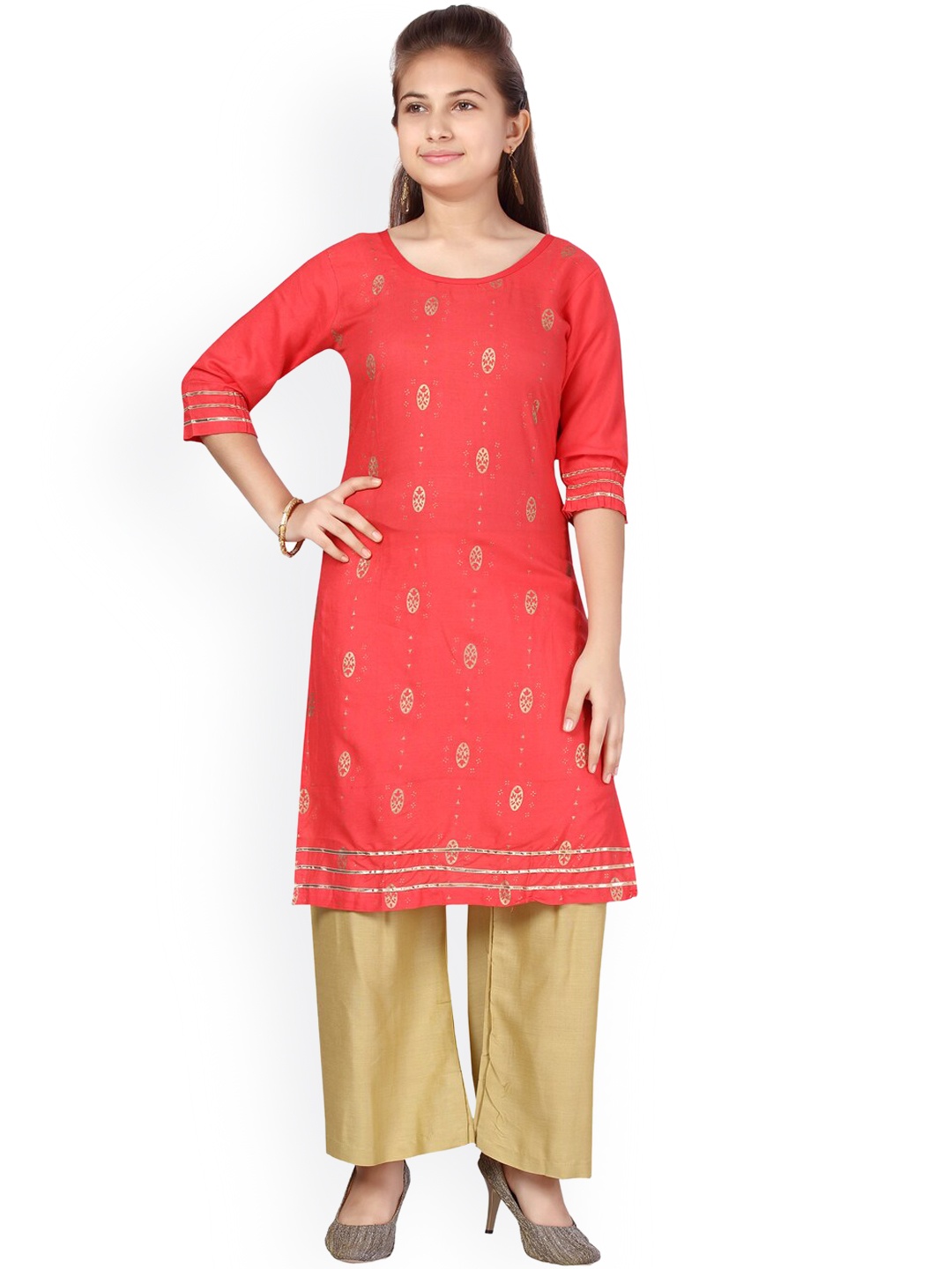 

Aarika Girls Red Ethnic Motifs Printed Pure Cotton Kurta with Palazzos