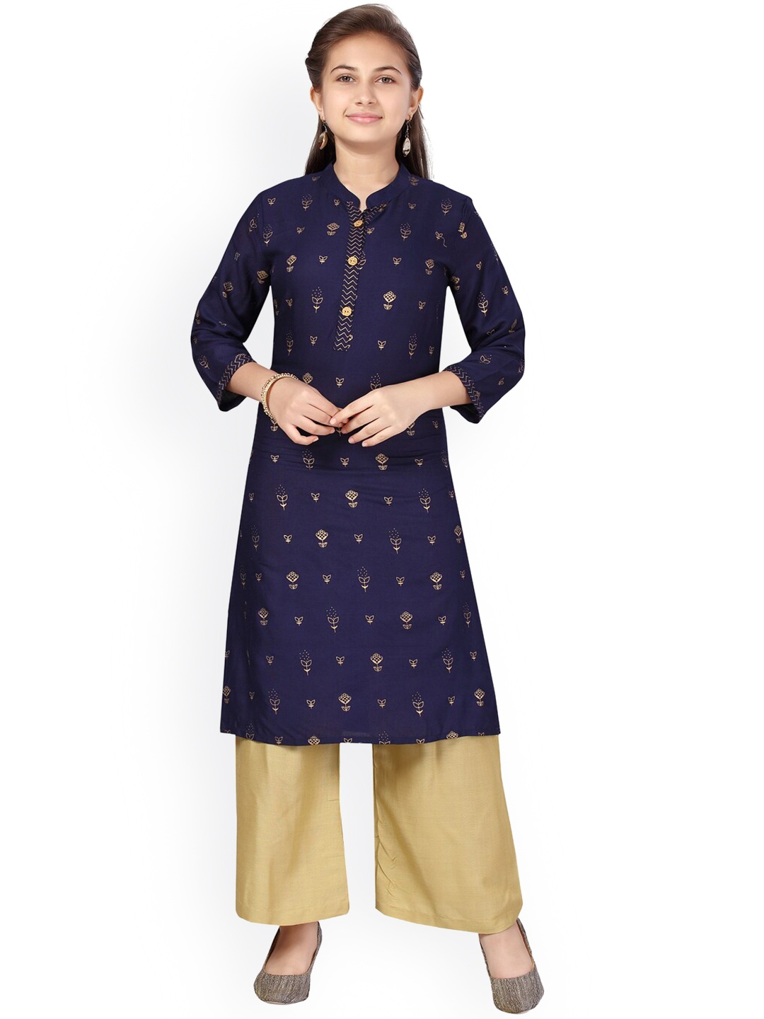 

Aarika Girls Blue Ethnic Motifs Printed Pure Cotton Kurta with Palazzos