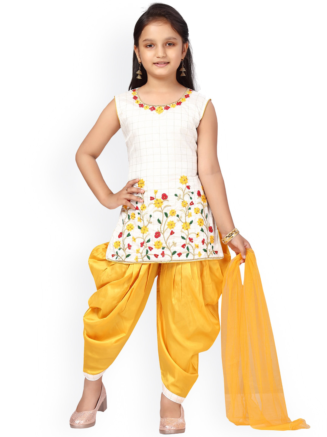

Aarika Girls White Floral Printed Pure Cotton Kurti with Dhoti Pants & Dupatta