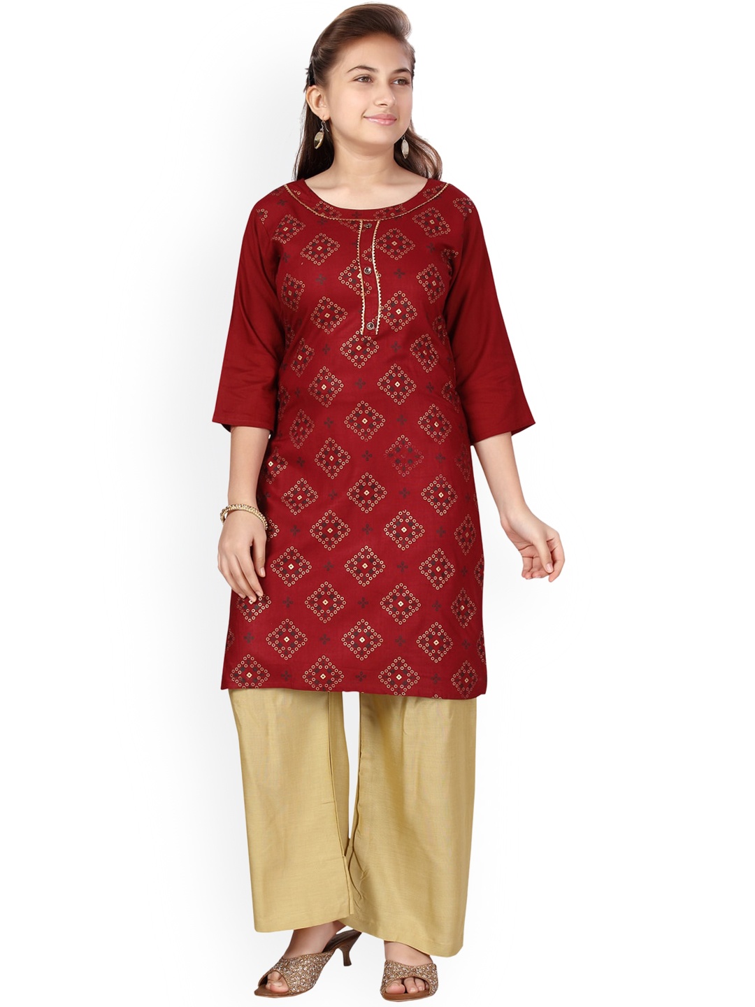 

Aarika Girls Maroon Ethnic Motifs Printed Gotta Patti Pure Cotton Kurta with Palazzos