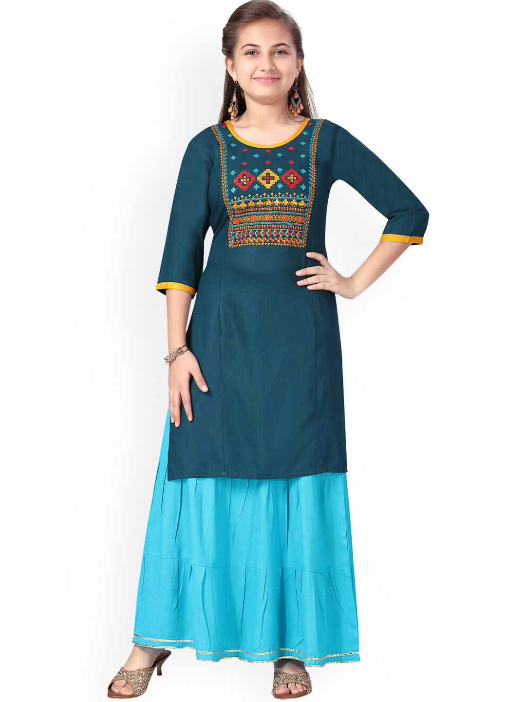 

Aarika Girls Teal & Blue Floral Embroidered Pure Cotton Kurti With Skirt