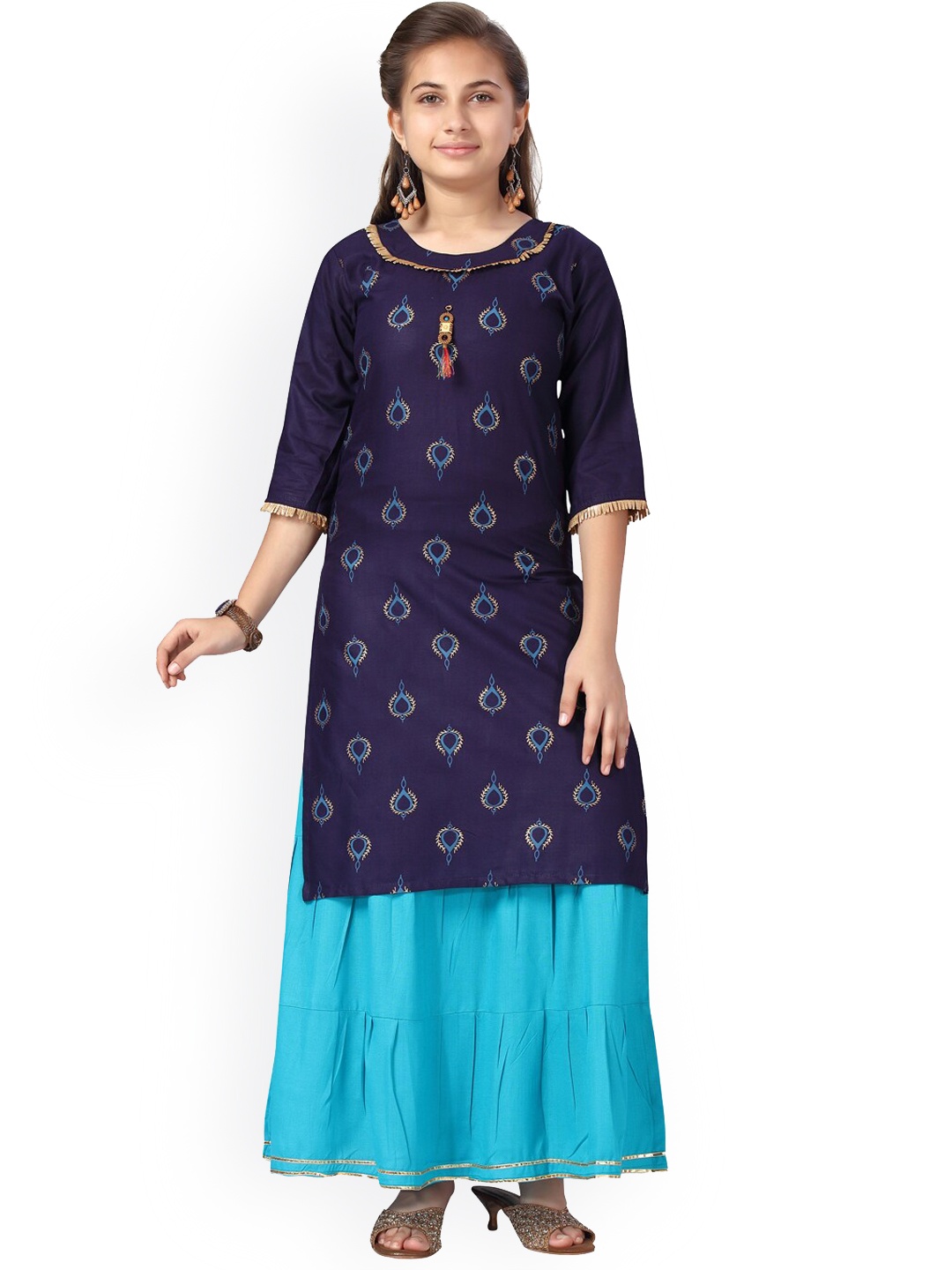 

Aarika Girls Navy Blue Floral Printed Gotta Patti Pure Cotton Kurta with Sharara
