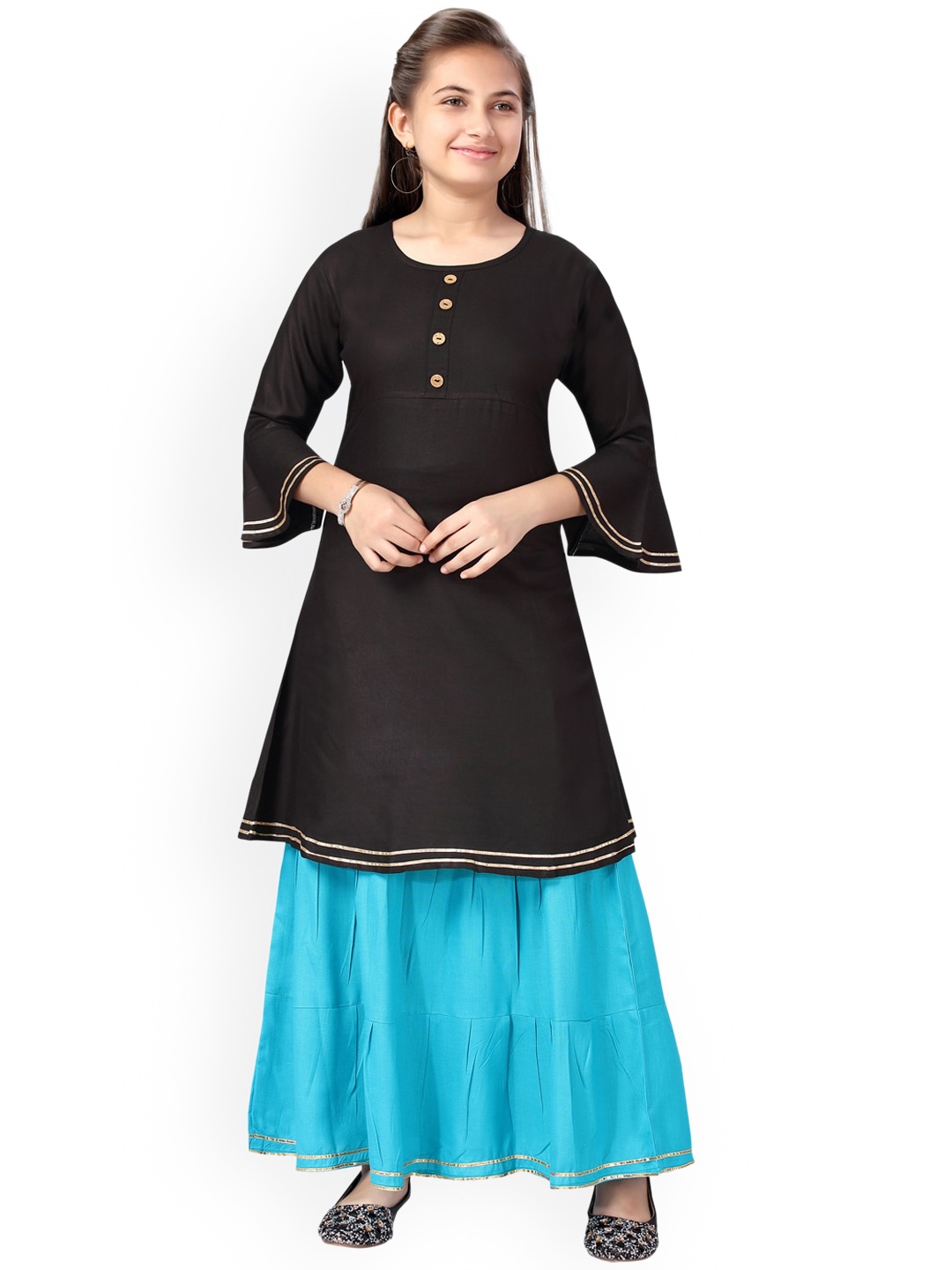 

Aarika Girls Black & Teal Blue Pure Cotton Kurti With Skirt