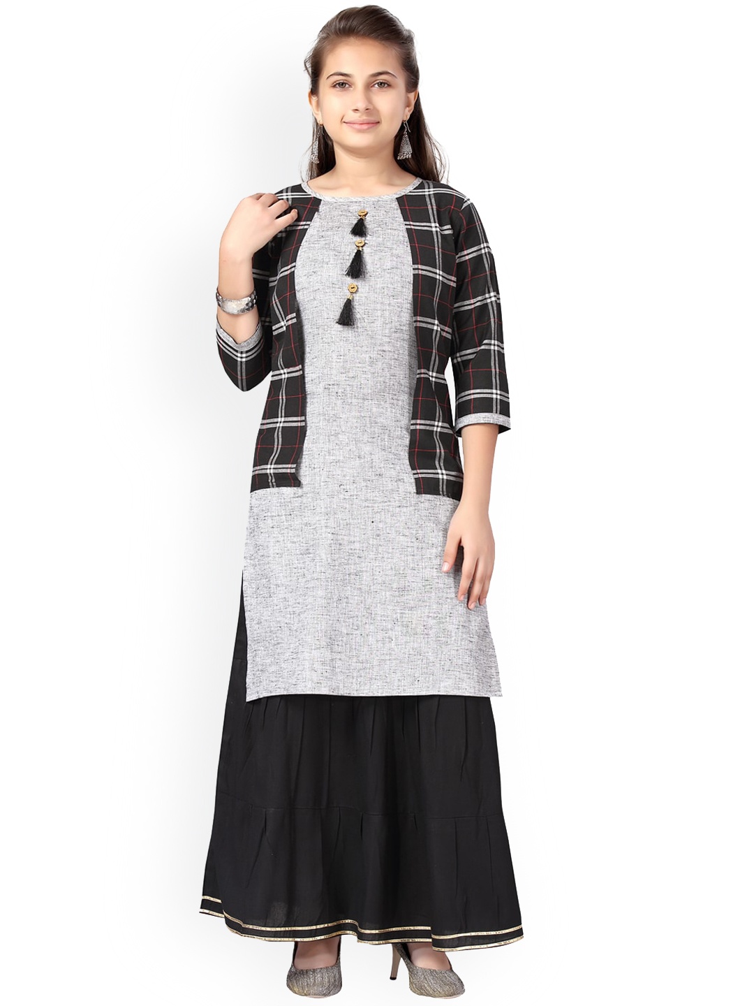 

Aarika Girls Black Printed Pure Cotton Kurti with Skirt