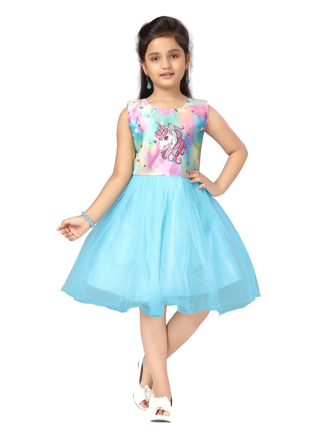 

Aarika Girls Turquoise Blue Unicorn Printed Net Fit & Flare Dress