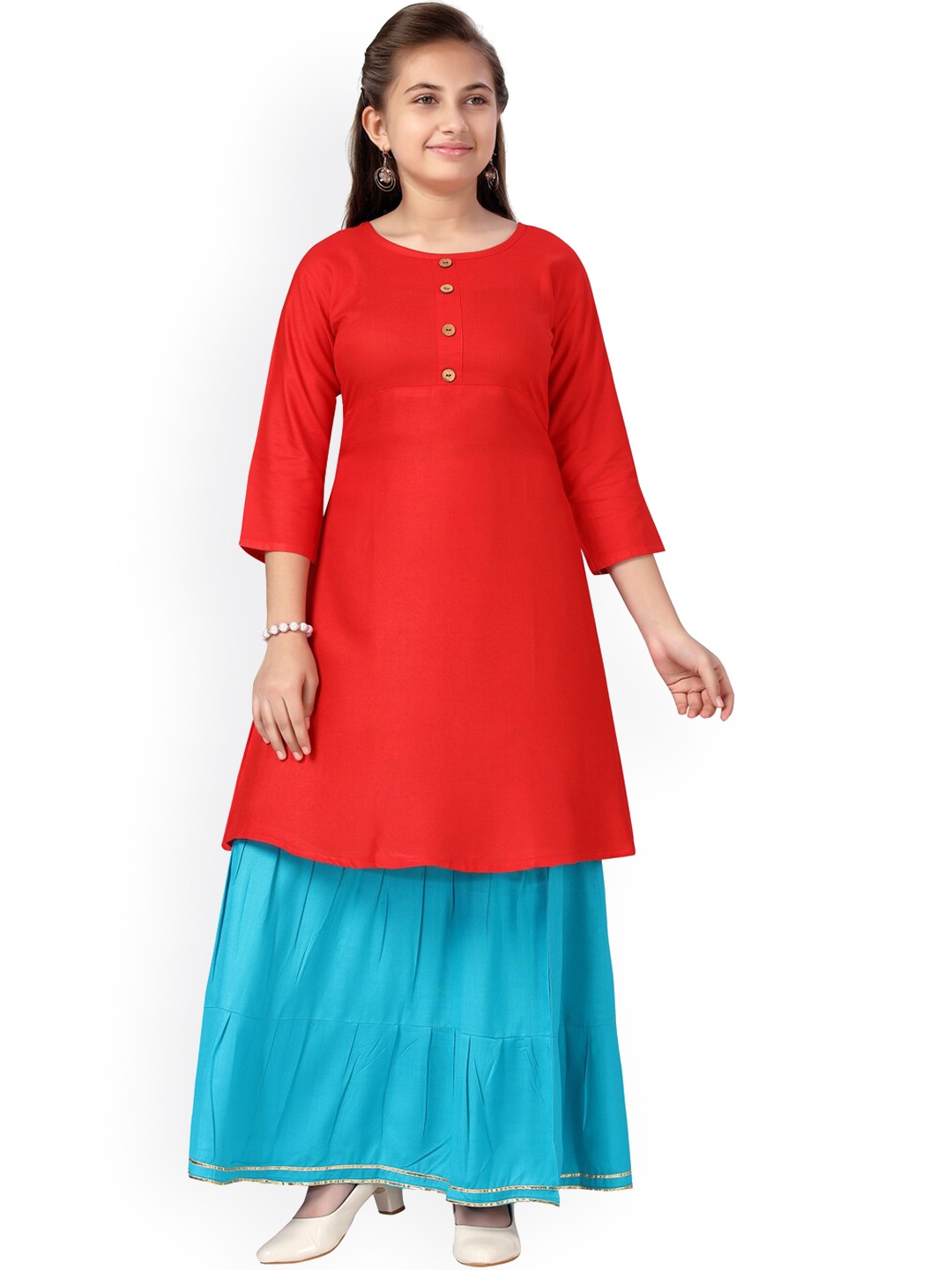 

Aarika Girls Red & Blue Pure Cotton Kurta With Skirt