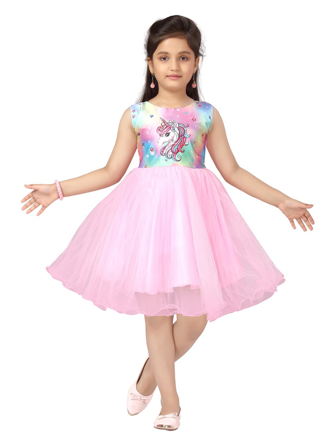 

Aarika Pink Printed Net Fit & Flare Dress