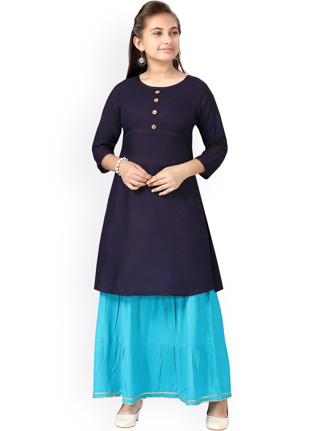 

Aarika Girls Navy Blue Pure Cotton Kurta with Skirt