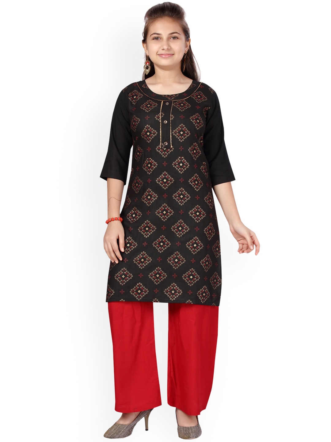 

Aarika Girls Black Ethnic Motifs Printed Pure Cotton Kurti with Palazzos