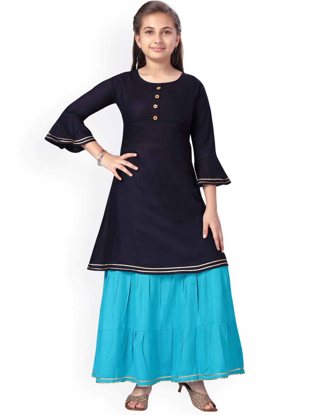 

Aarika Girls Navy Blue & Blue Pure Cotton Kurti with Skirt