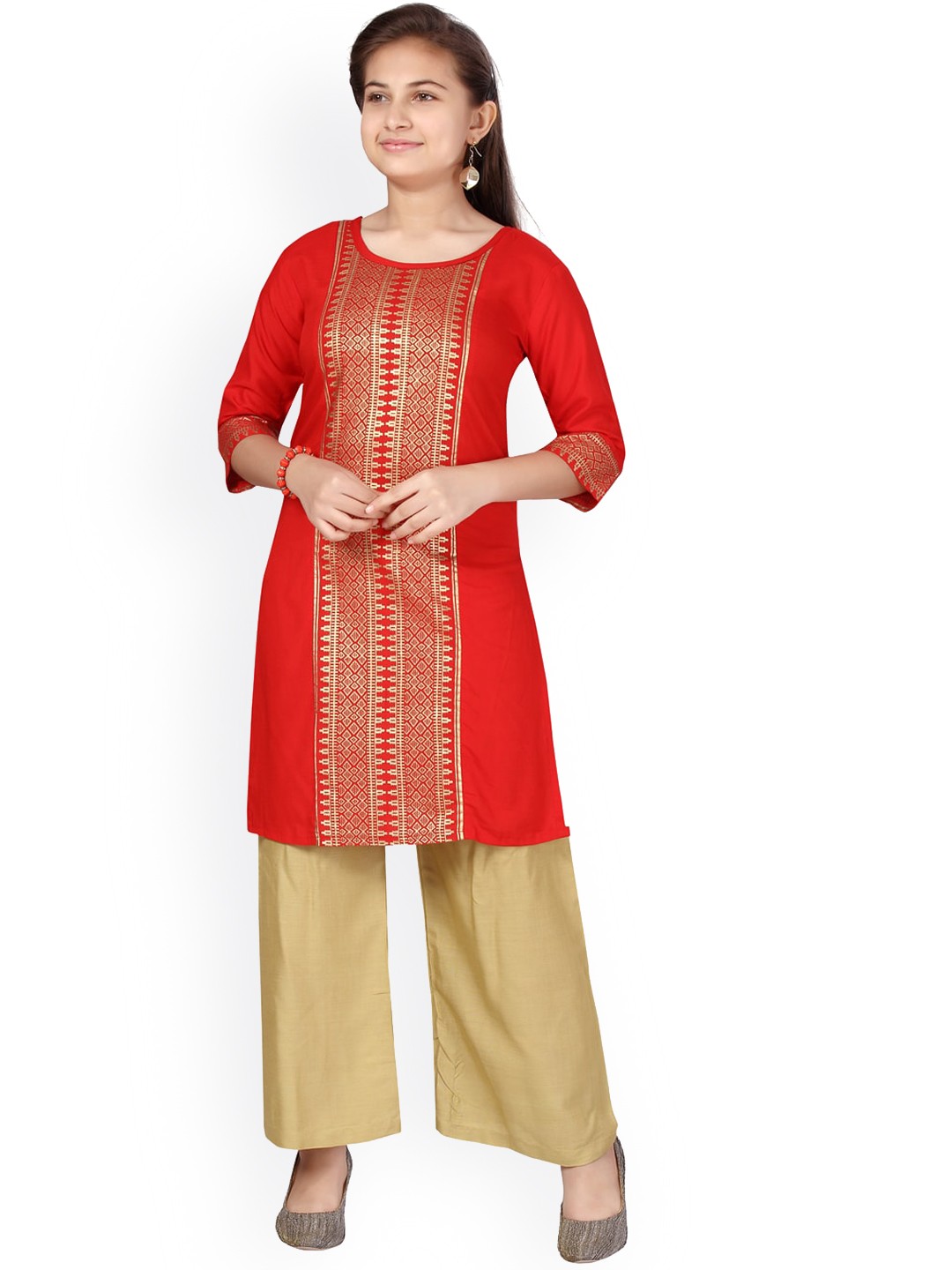 

Aarika Girls Red & Beige Striped Pure Cotton Kurta with Palazzos