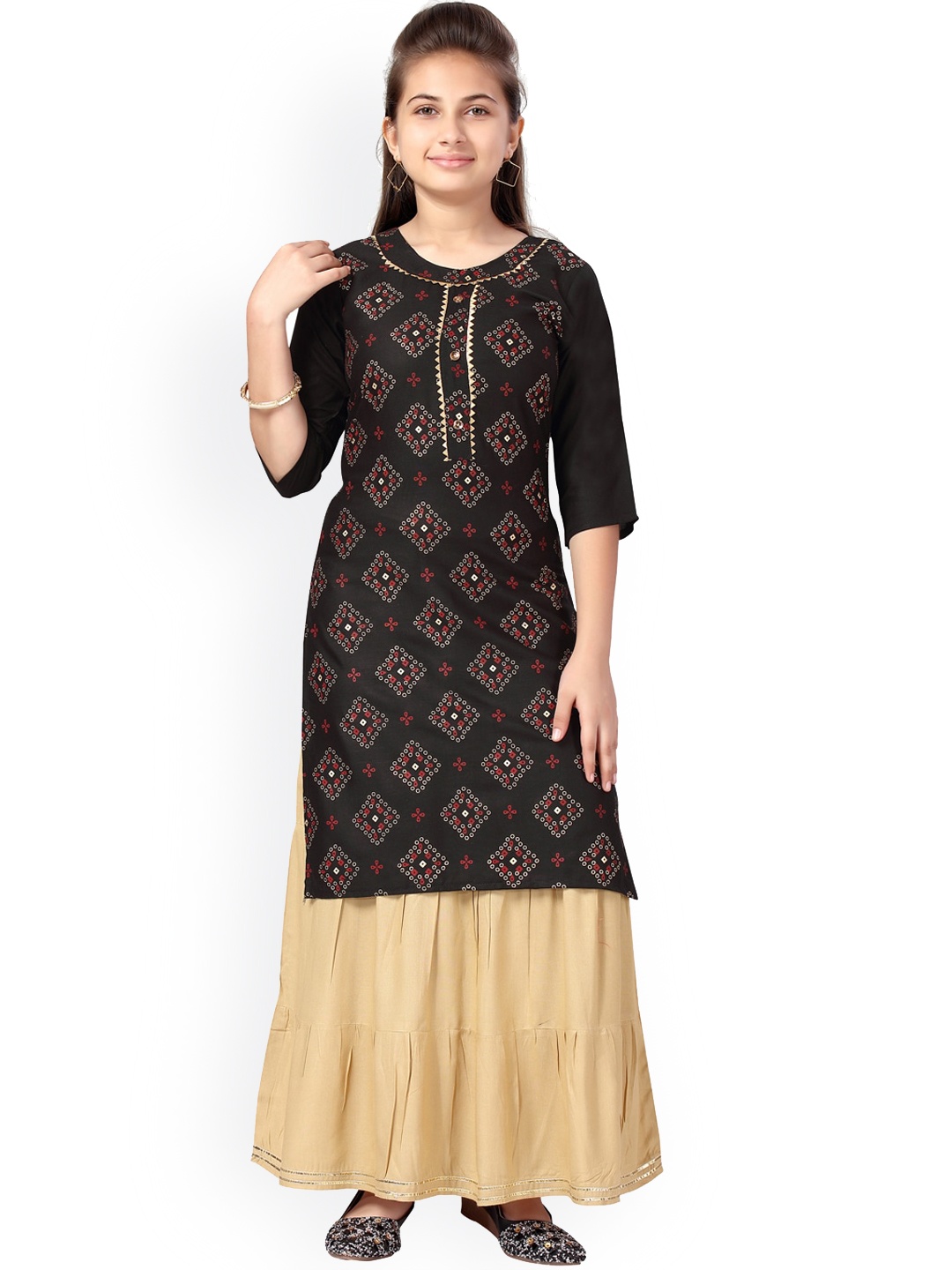

Aarika Girls Black Ethnic Motifs Printed Gotta Patti Pure Cotton Kurta with Skirt