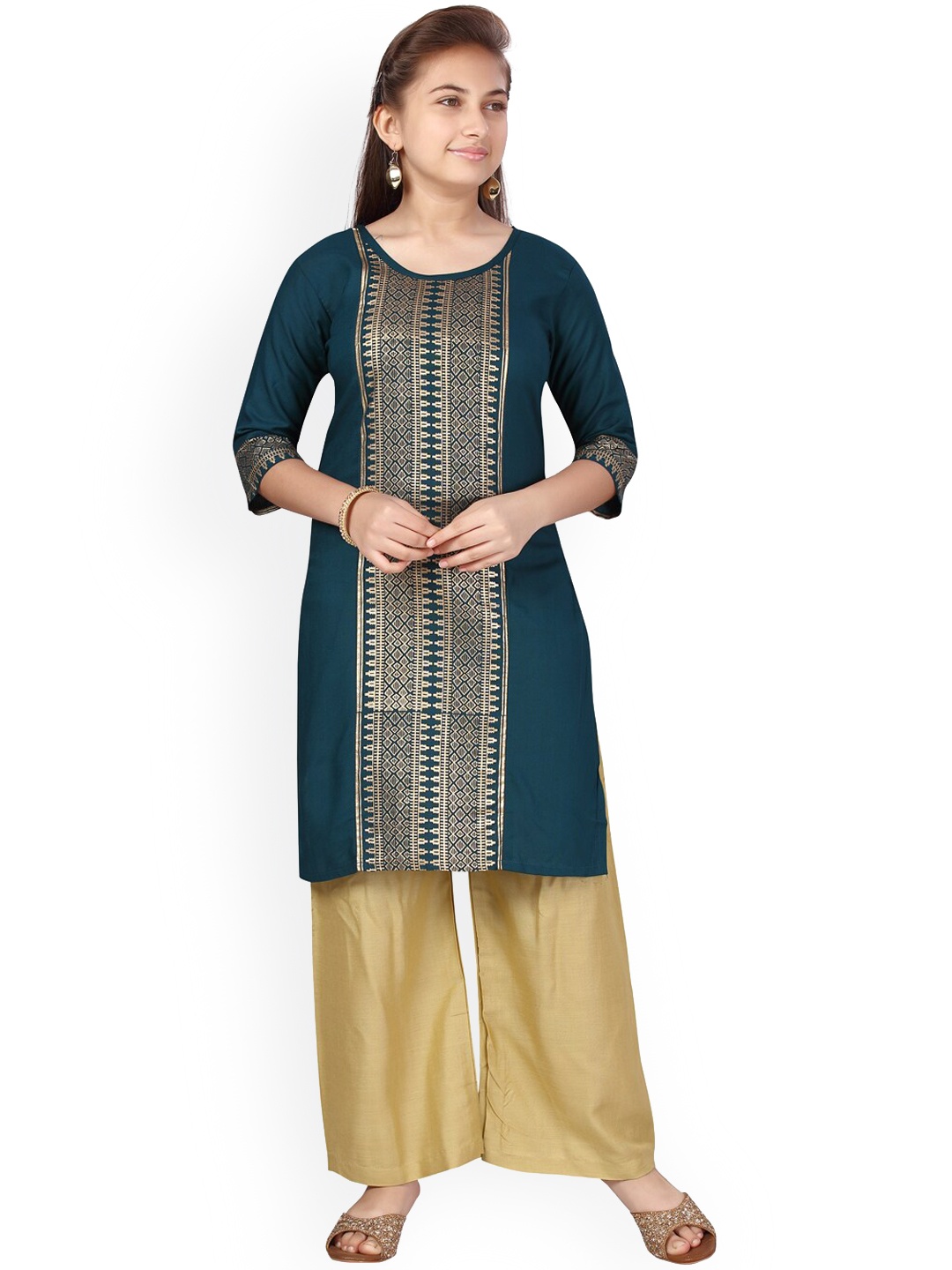 

Aarika Girls Green Ethnic Motifs Printed Pure Cotton Kurti with Palazzos
