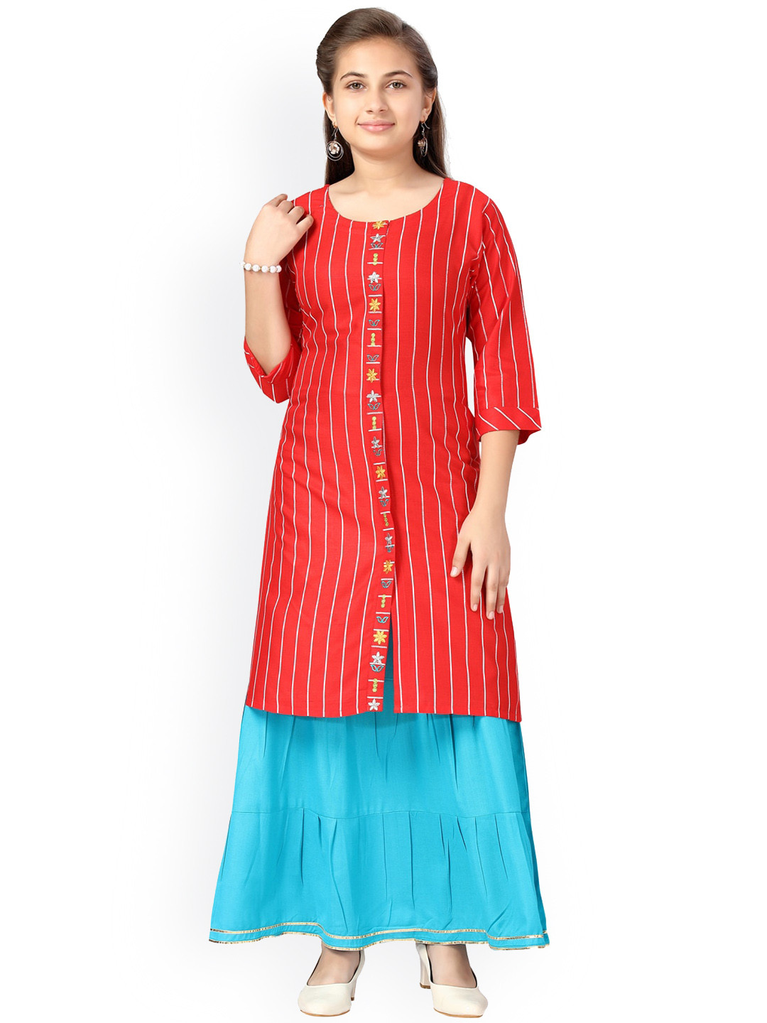 

Aarika Girls Red & Blue Striped Pure Cotton Kurta with Skirt
