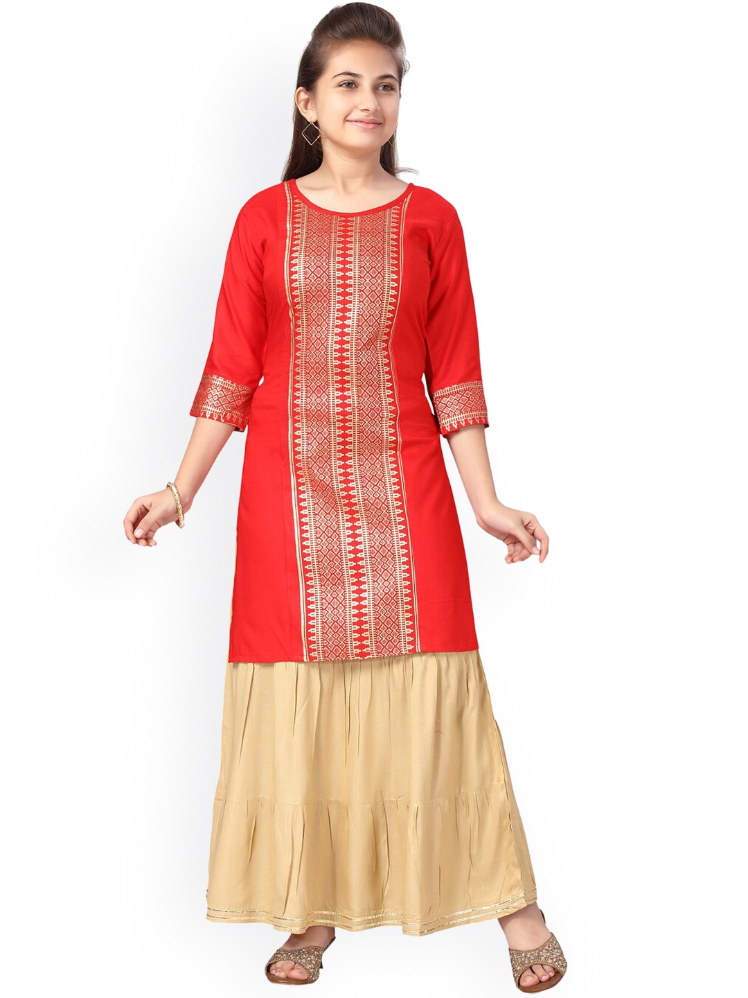 

Aarika Girls Red & Beige Printed Pure Cotton Kurta with Skirt