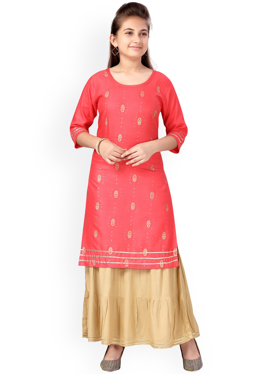 

Aarika Girls Red Ethnic Motifs Pure Cotton Kurta with Skirt