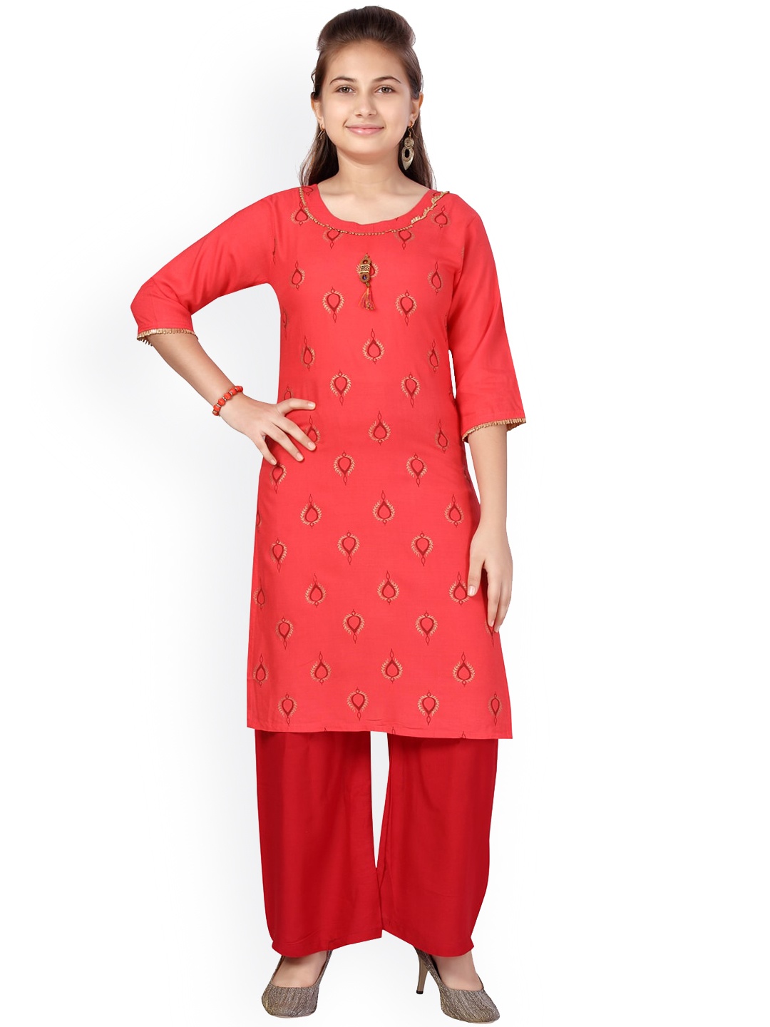

Aarika Girls Coral Ethnic Motifs Printed Pure Cotton Kurta with Palazzos