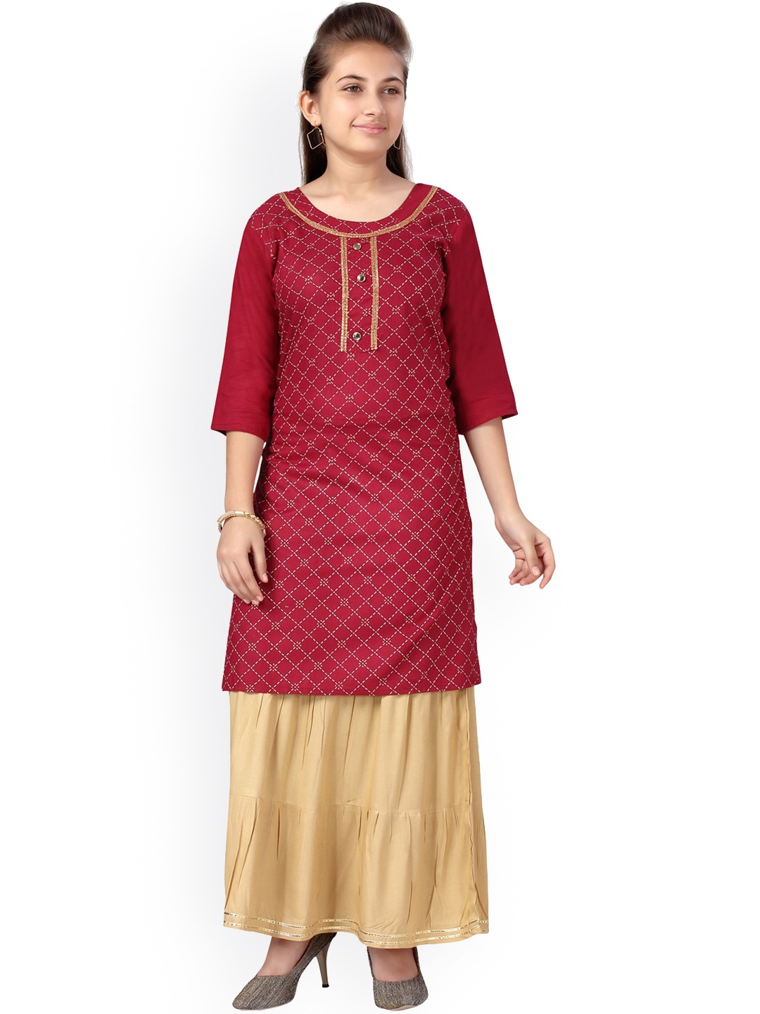 

Aarika Girls Maroon Pure Cotton Kurta with Sharara