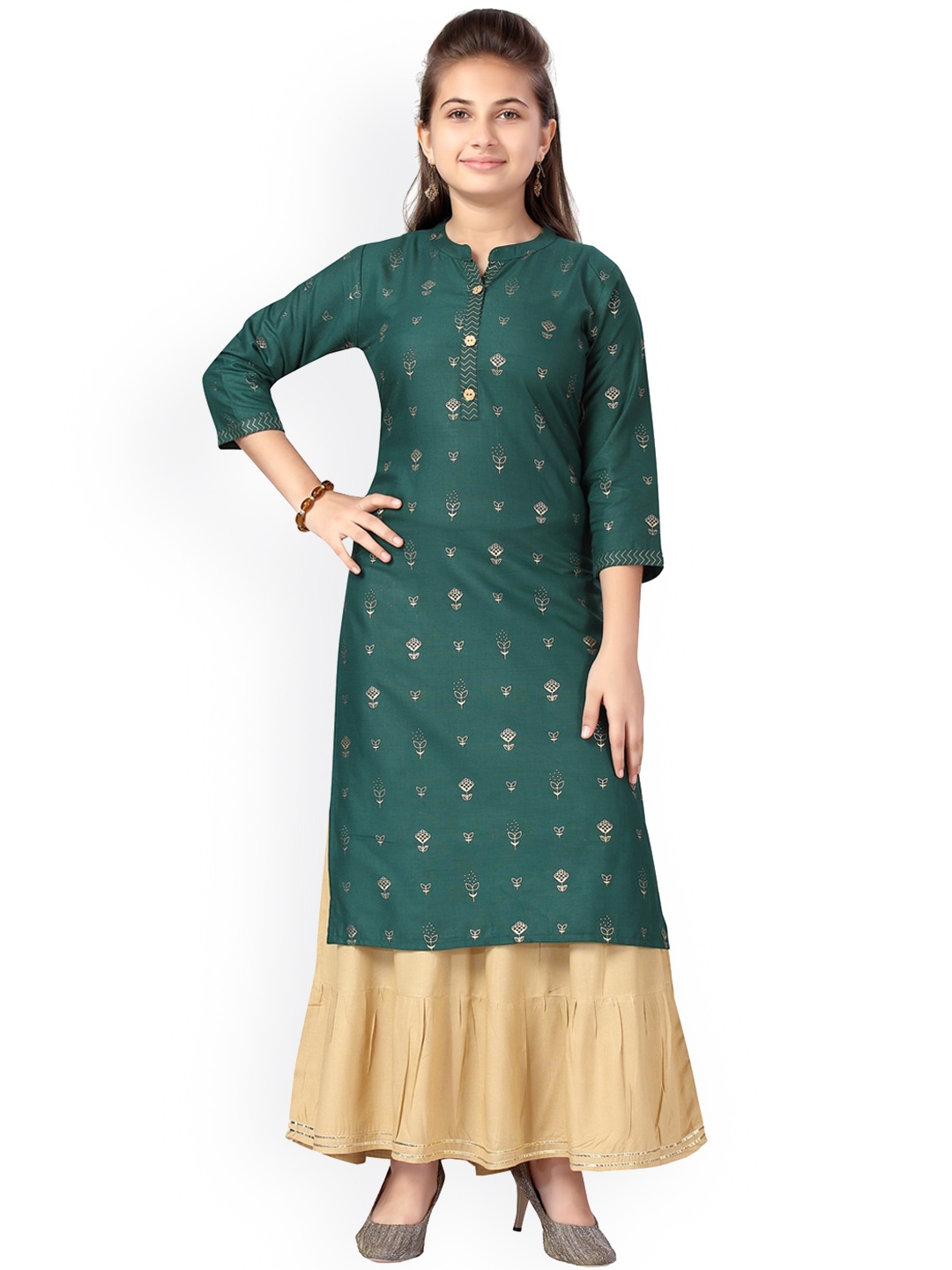 

Aarika Girls Green Ethnic Motifs Printed Pure Cotton Kurta with Skirt