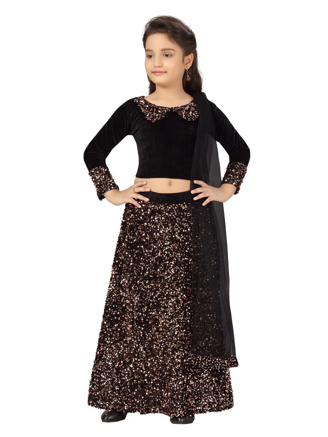 

Aarika Girls Black & Copper-Toned Embellished Sequinned Ready to Wear Lehenga & Blouse With Dupatta