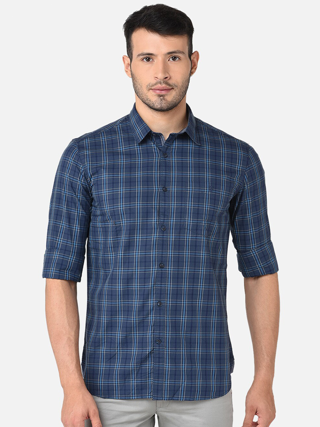 

J Hampstead Men Navy Blue Classic Slim Fit Checked Cotton Casual Shirt