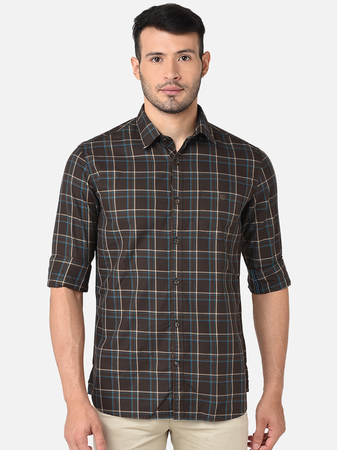 

J Hampstead Men Brown Classic Slim Fit Checked Casual Shirt