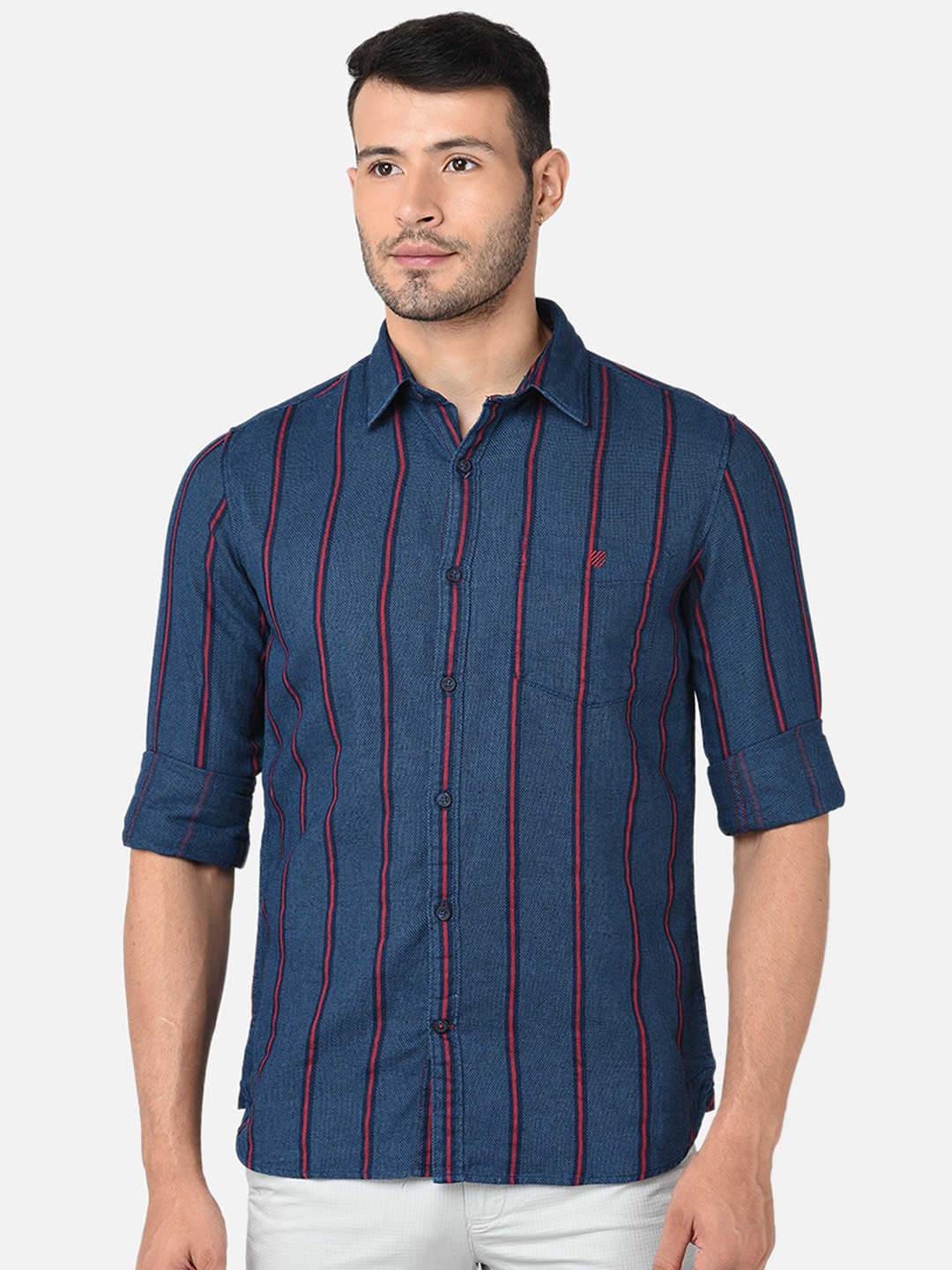 

J Hampstead Men Navy Blue Classic Slim Fit Striped Casual Shirt