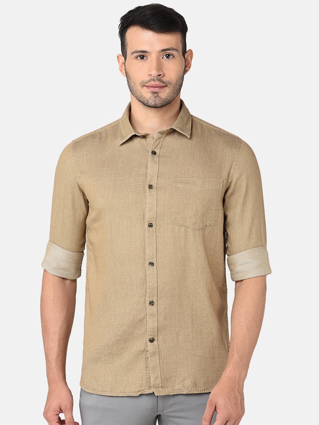 

J Hampstead Men Beige Classic Slim Fit Cotton Casual Shirt