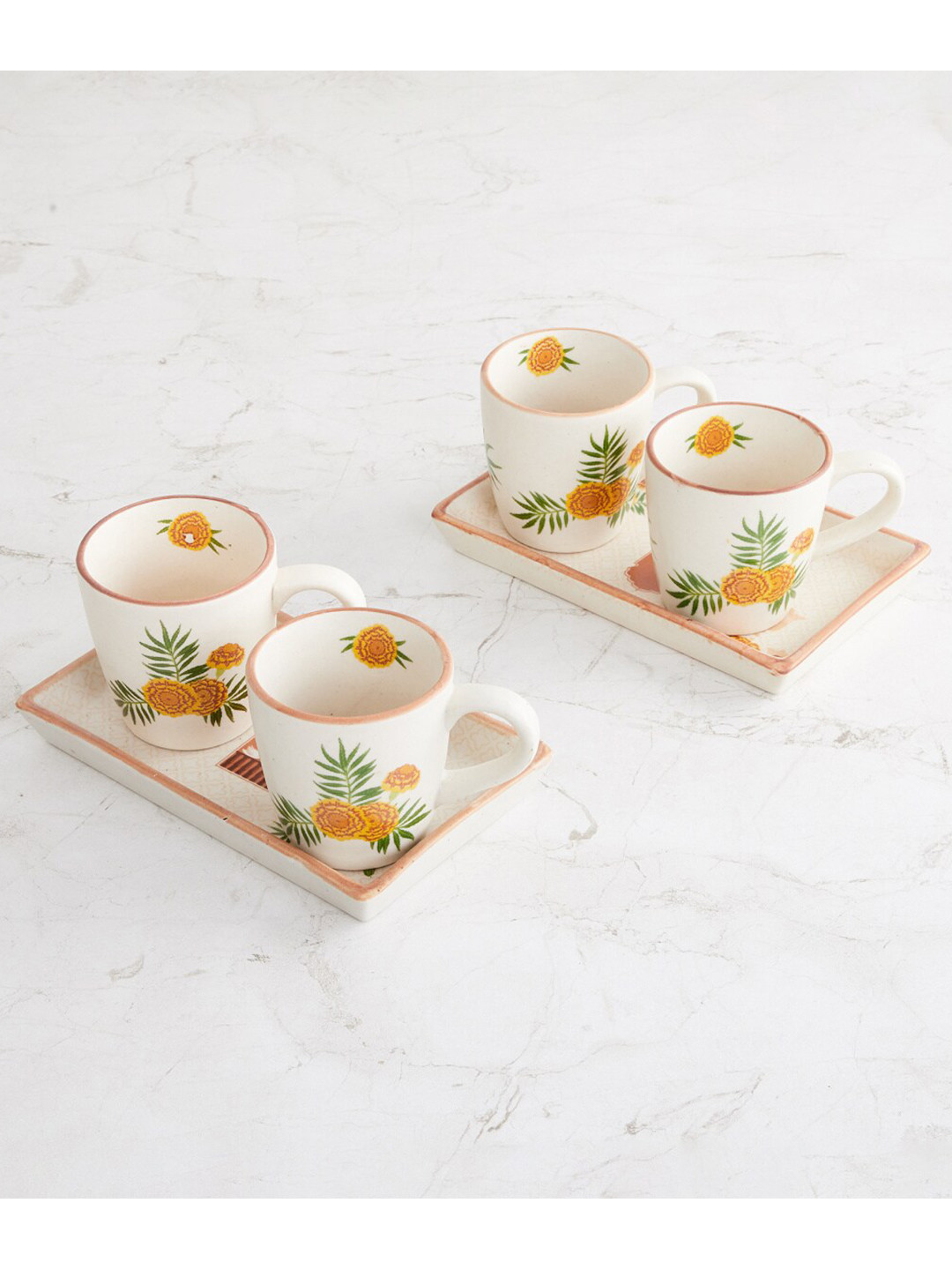 

Home Centre White & Green 6 pieces Floral Printed Stoneware Glossy Mug and Tray Set 230 ml