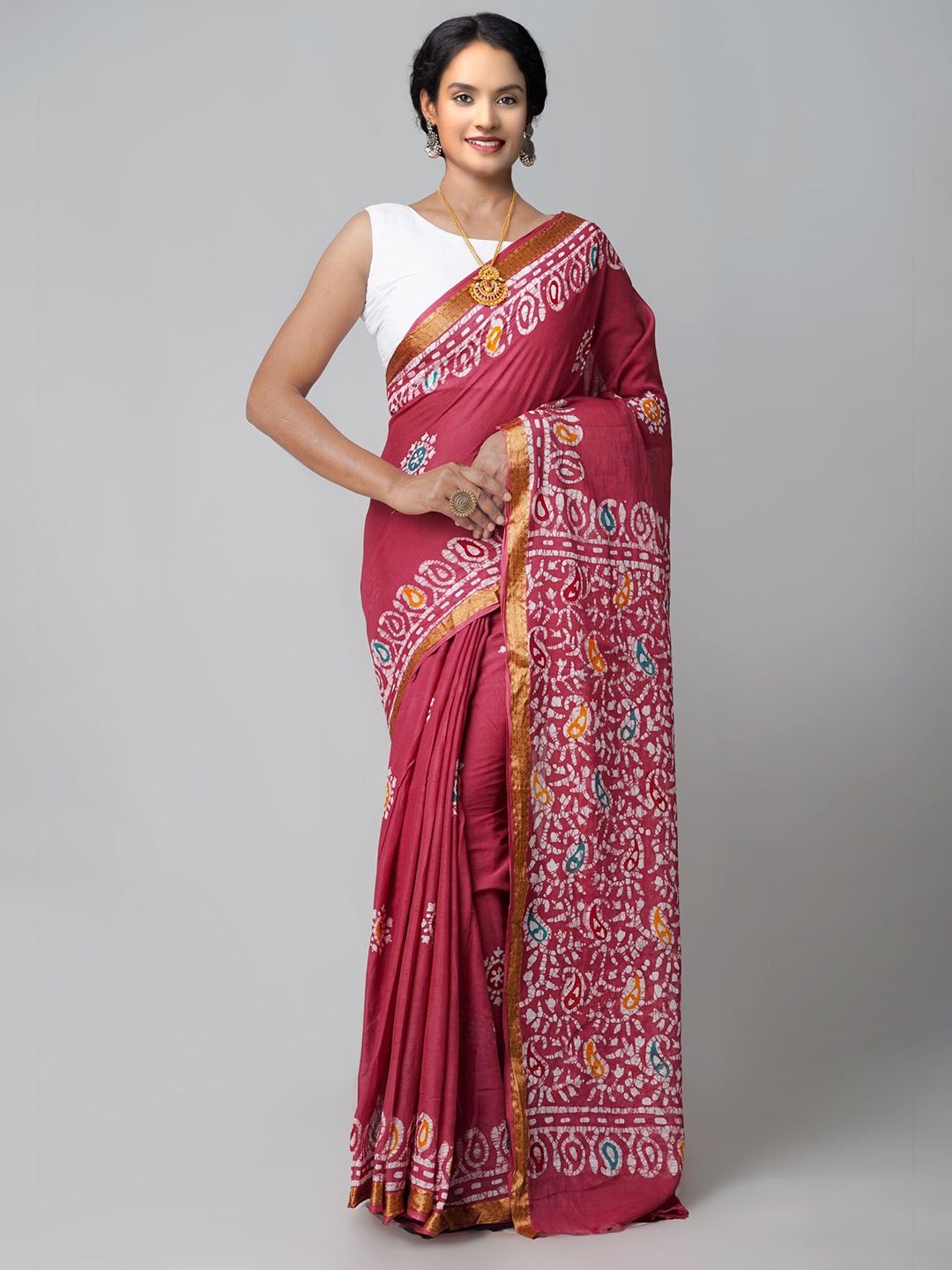 

Unnati Silks Pink & White Batik Handloom Sustainable Zari Pure Cotton Block Print Saree