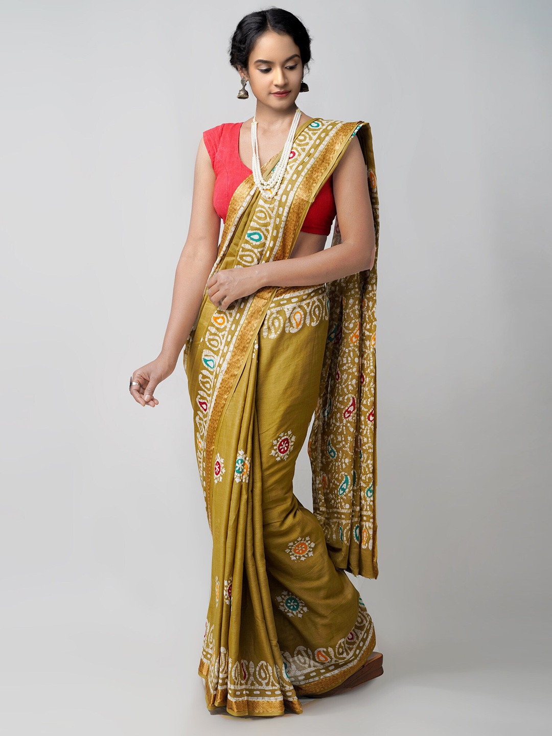 

Unnati Silks Green & Blue Batik Pure Cotton Block Print Saree
