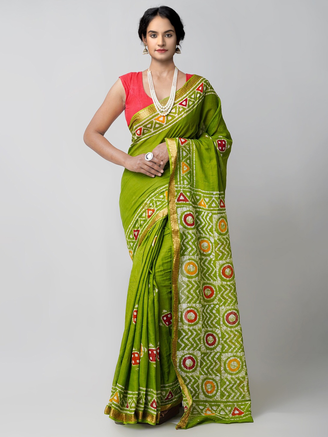 

Unnati Silks Green & Red Batik Handloom Sustainable Pure Cotton Block Print Saree