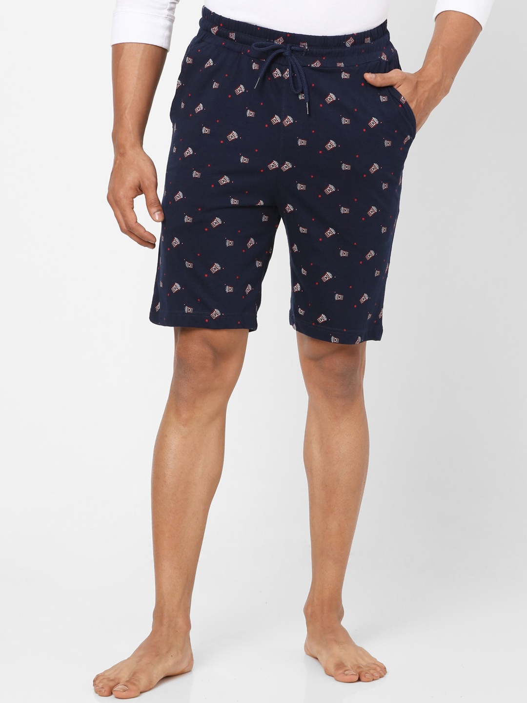 

Ajile by Pantaloons Men Navy Blue Printed Cotton Slim Fit Shorts