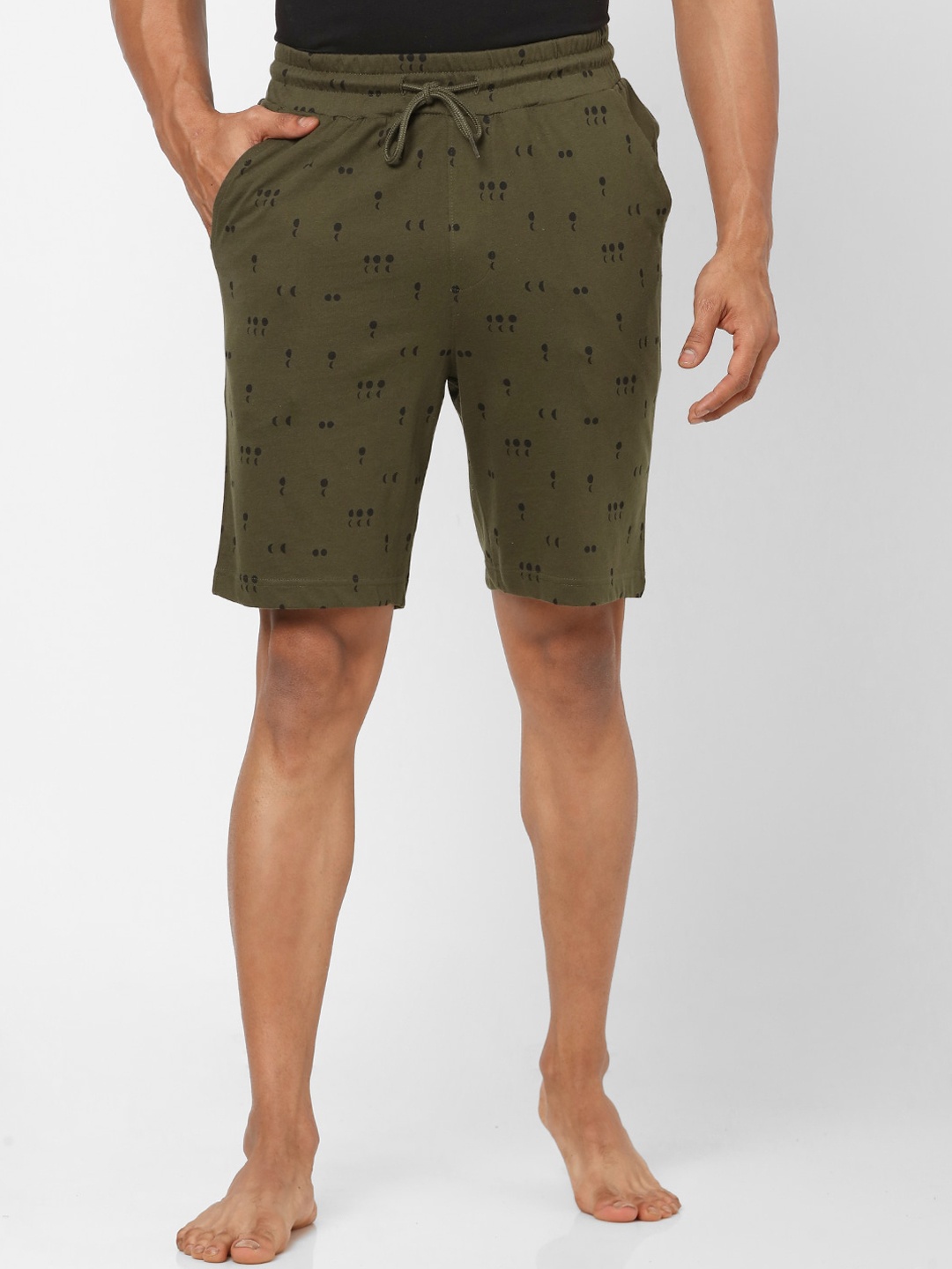 

Ajile by Pantaloons Men Olive Green Printed Slim Fit Pure Cotton Shorts